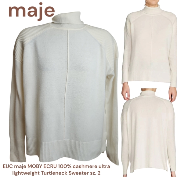 maje moby 100% cashmere Turtleneck Sweater Off-White cream lightweight women's 2 - Picture 1 of 16